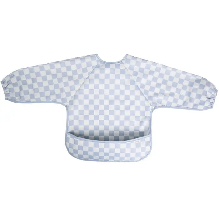 Blue and white checkered baby bib on a white background