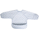 Blue and white checkered baby bib on a white background