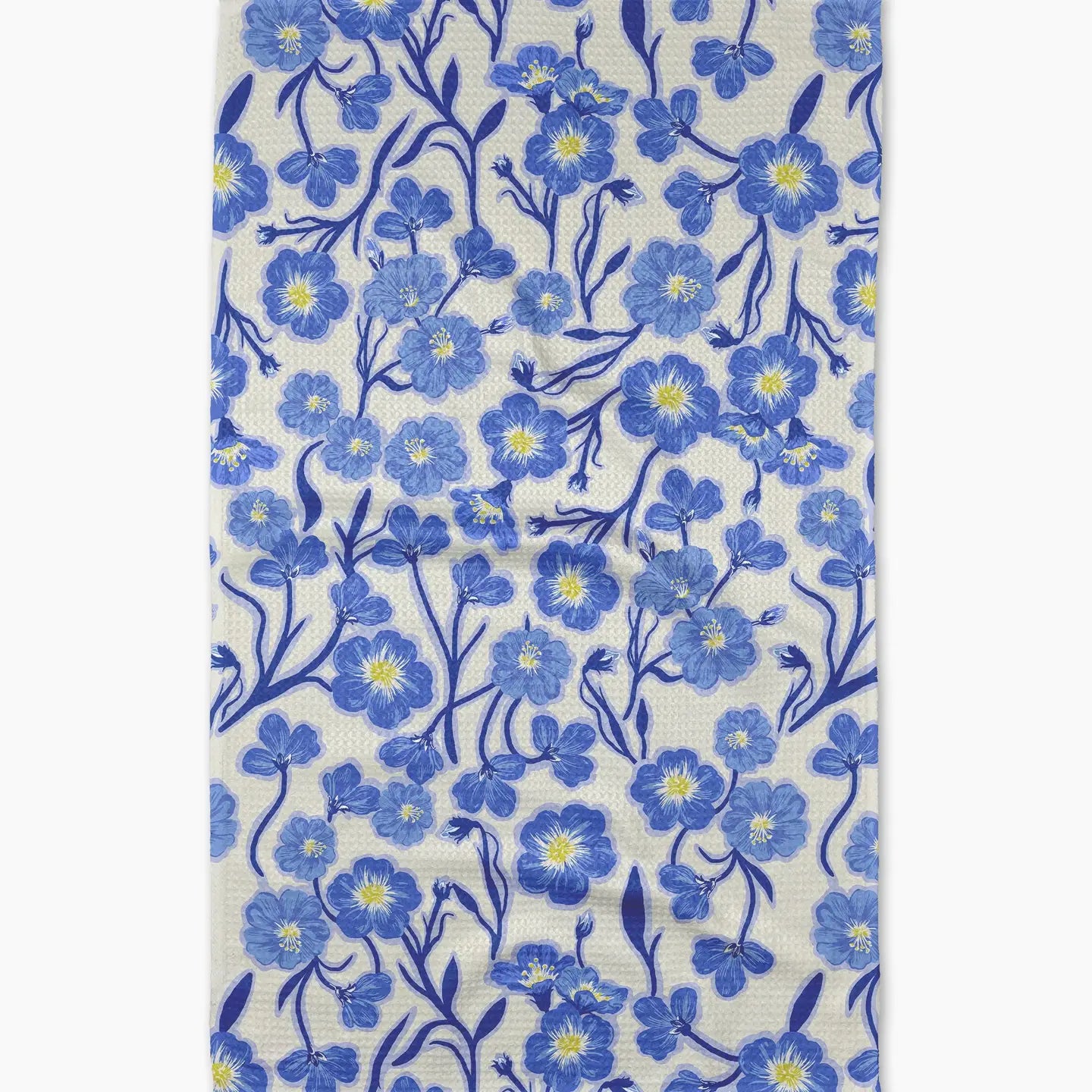 Fabric with blue floral pattern on a white background