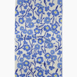 Fabric with blue floral pattern on a white background