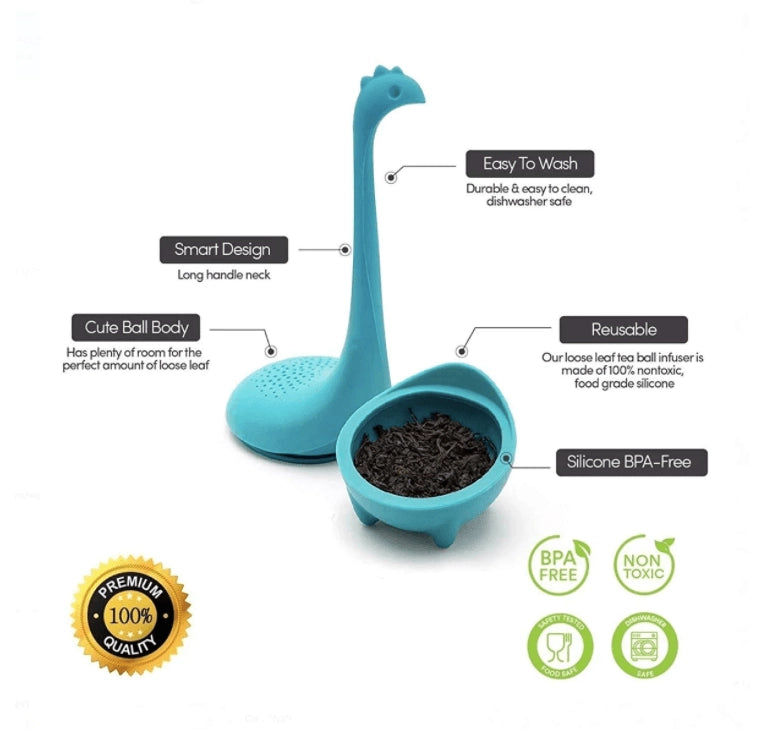 Blue silicone tea infuser with features listed on a white background