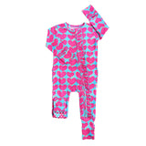 Children's onesie with pink heart pattern on a white background