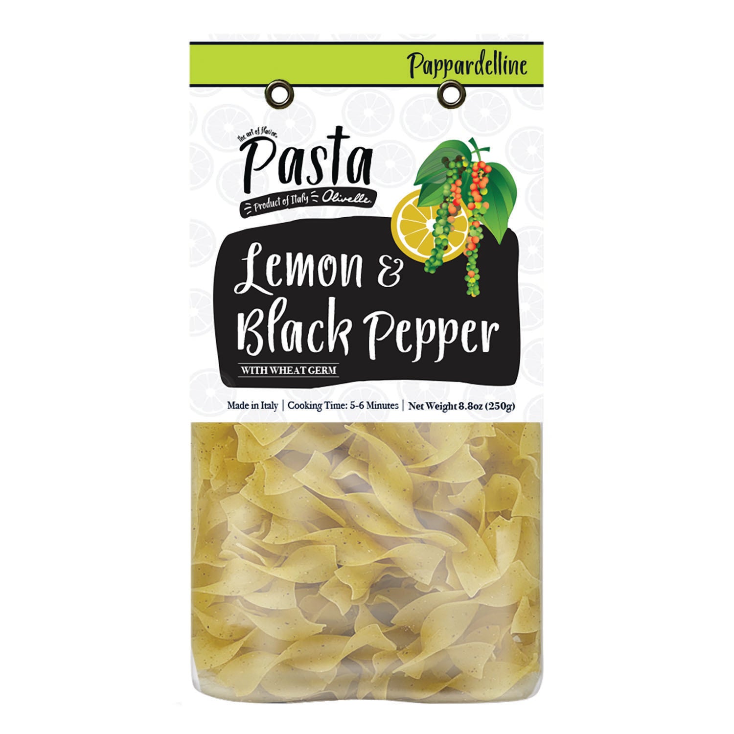 Packaging of LEMON & PEPPER PAPPARDELLINE pasta with lemon and black pepper flavor, made with organic durum wheat semolina, displayed in a clear container showing the pasta.