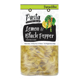 Packaging of LEMON & PEPPER PAPPARDELLINE pasta with lemon and black pepper flavor, made with organic durum wheat semolina, displayed in a clear container showing the pasta.