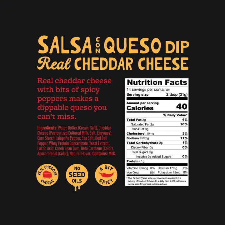 Salsa Queso Dip label with nutritional information on a black background