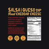 Salsa Queso Dip label with nutritional information on a black background
