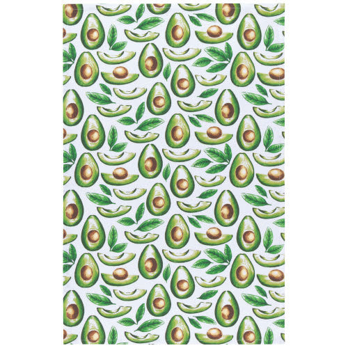 A kitchen towel with a repeating pattern of green avocado leaves and brown avocado fruits on a light blue background.