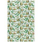 A kitchen towel with a repeating pattern of green avocado leaves and brown avocado fruits on a light blue background.