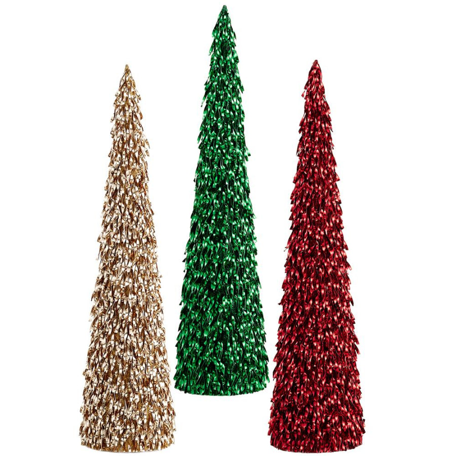 Three cone-shaped Christmas trees in gold, green, and red on a white background