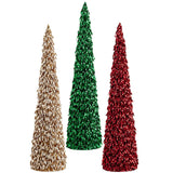 Three cone-shaped Christmas trees in gold, green, and red on a white background