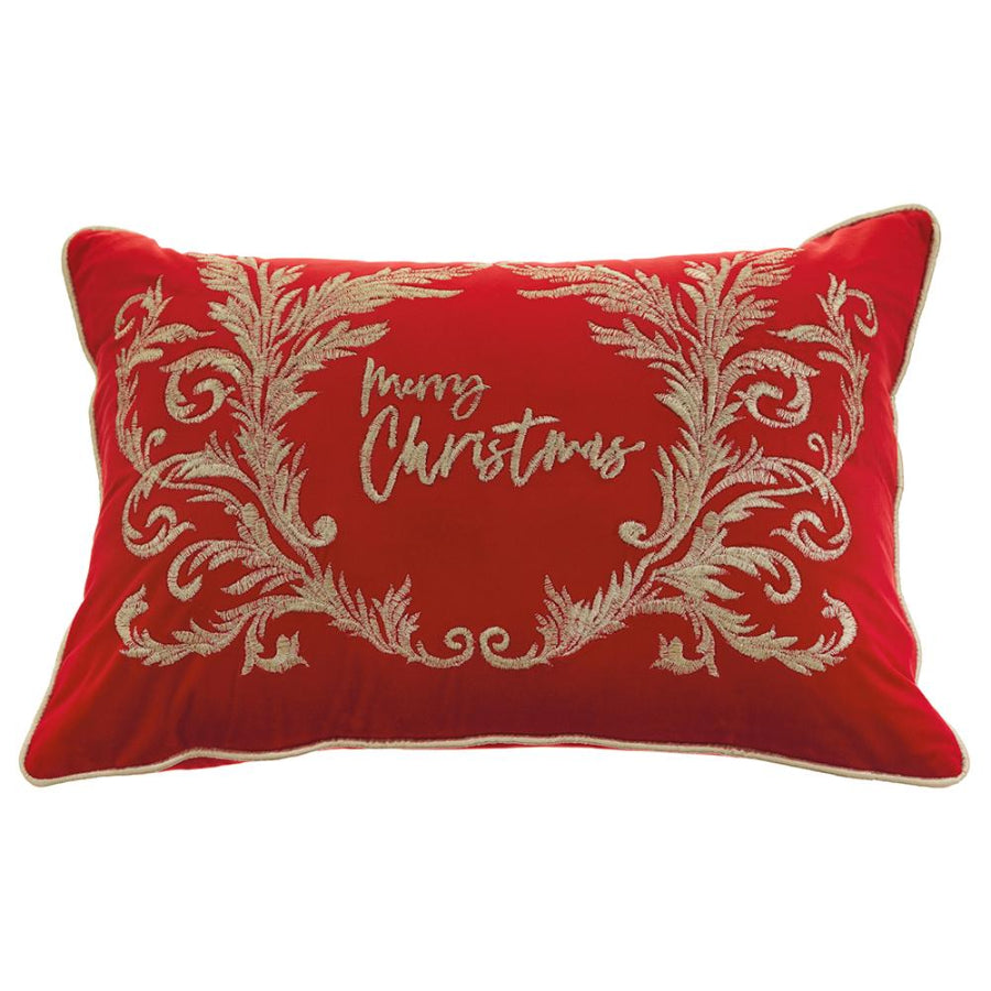 Red pillow with gold embroidered 'Merry Christmas' design on a white background