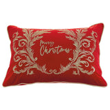 Red pillow with gold embroidered 'Merry Christmas' design on a white background