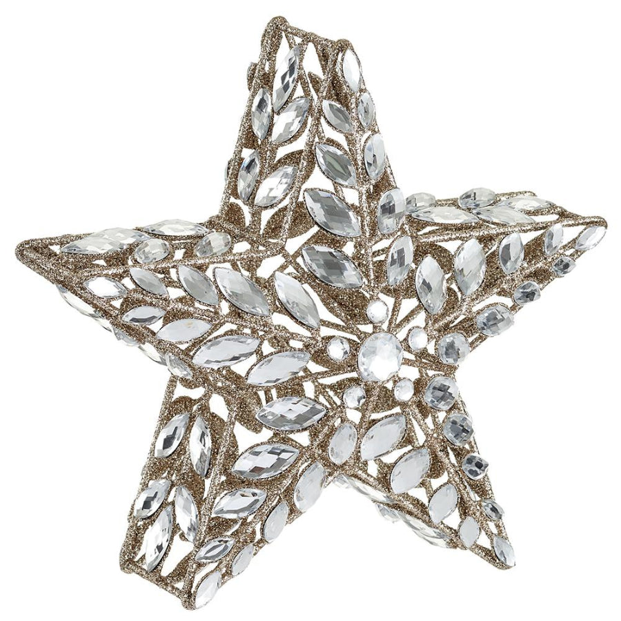 Decorative star ornament with crystal-like stones on a white background