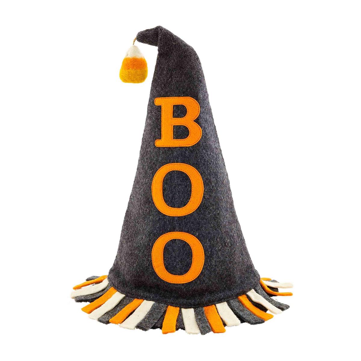 A gray witch hat with a 'EEK!' text and a decorative element that resembles a pumpkin at the top. The hat has a orange and black band around the bottom.