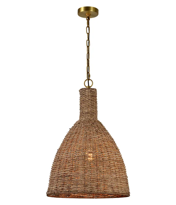 A modern pendant lamp with a woven brown textile shade and a brass-colored metal chain and fixture.