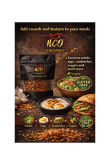 HCO Crispies packaging with images of food items and text on a dark background