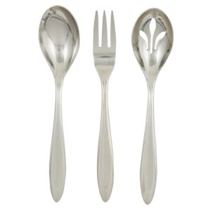 A set of silver flatware including a spoon, fork, and serving spoon with a modern design on the handles.