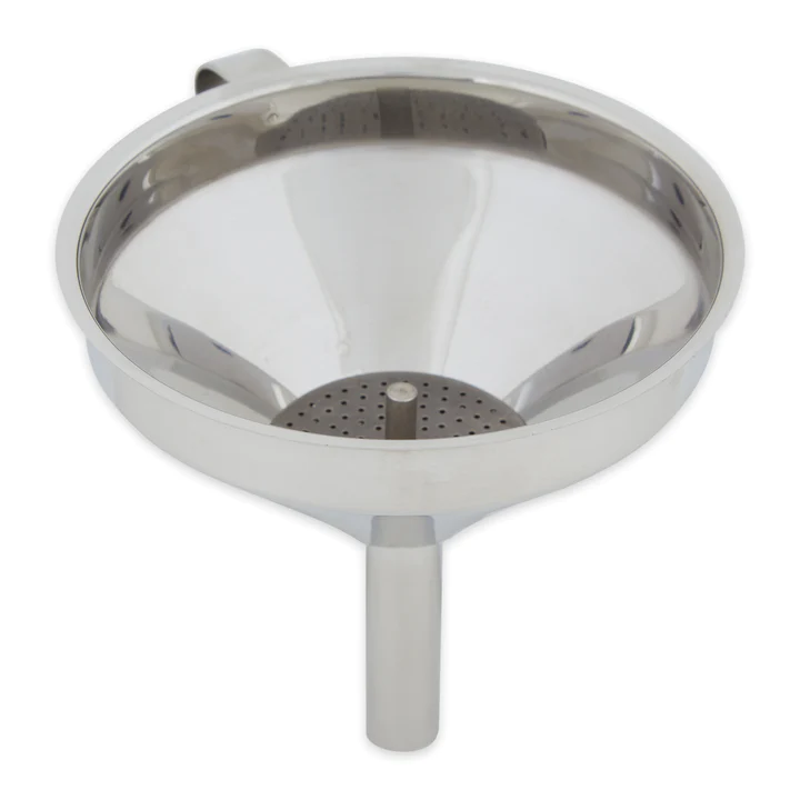 A 4-inch silver metal funnel with a handle and a perforated section to facilitate the transfer of liquids and powders.