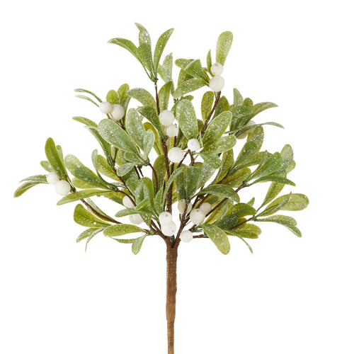 Artificial mistletoe plant with green leaves and white berries on a brown pick stem.