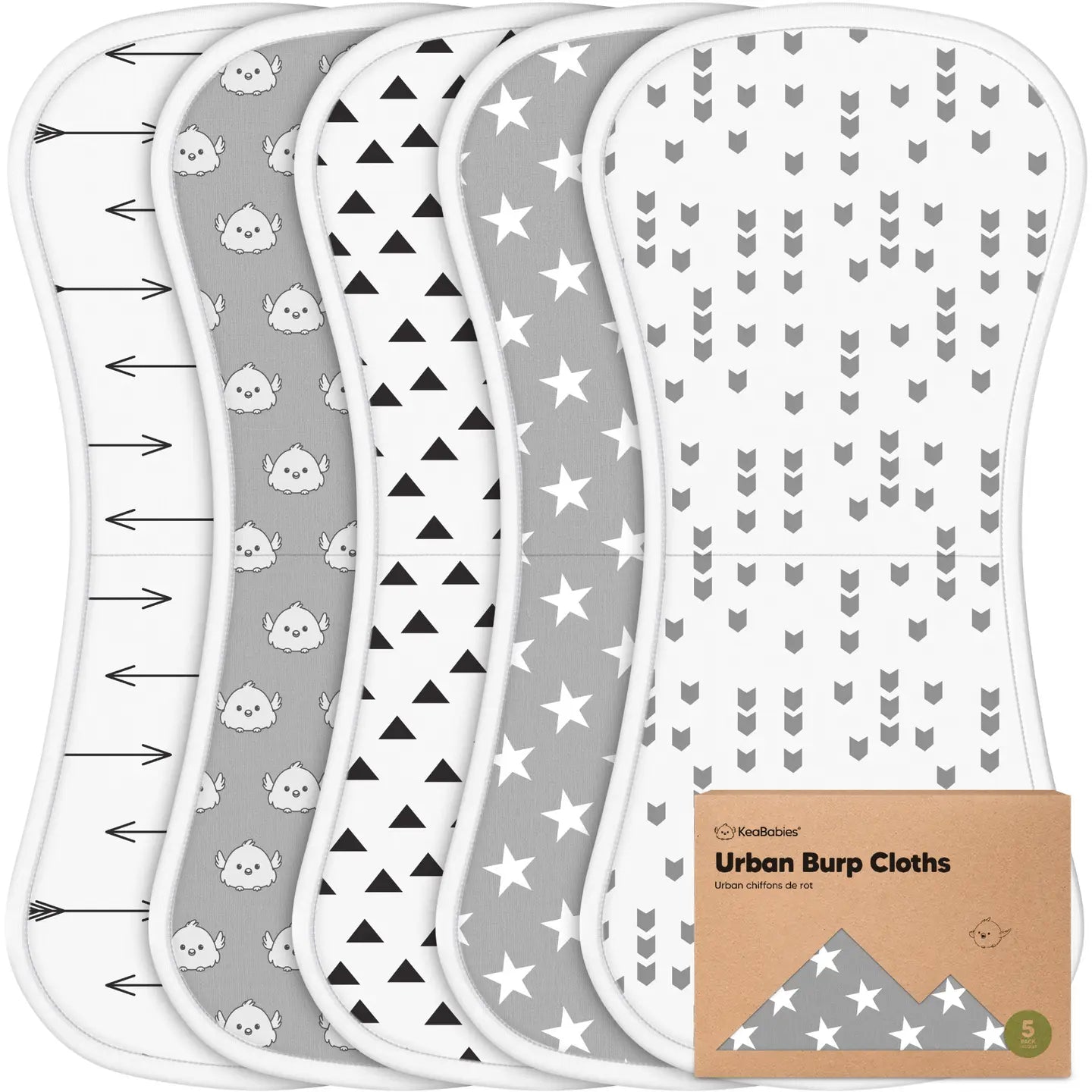 Set of four burp cloths with different patterns on a white background