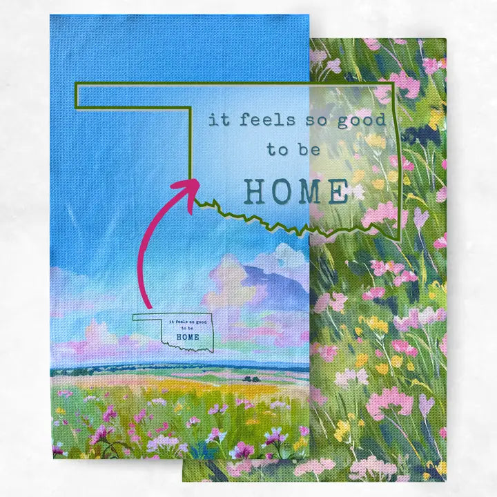 Two greeting cards with nature-themed designs and text 'it feels so good to be HOME'.