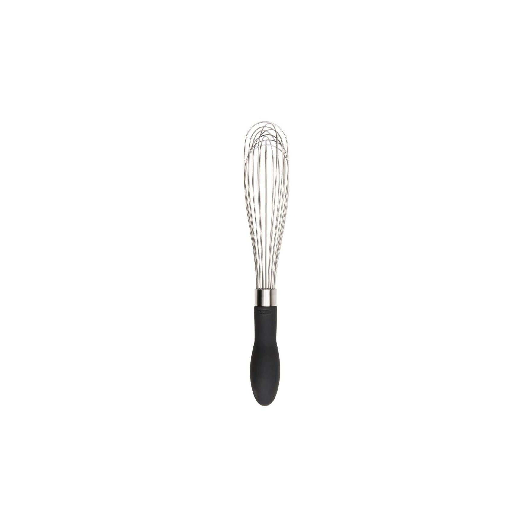 An 11-inch whisk with a black handle and a stainless steel head.