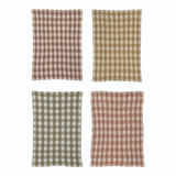 Four checkered fabric towels  in brown, beige, green, and red on a white background