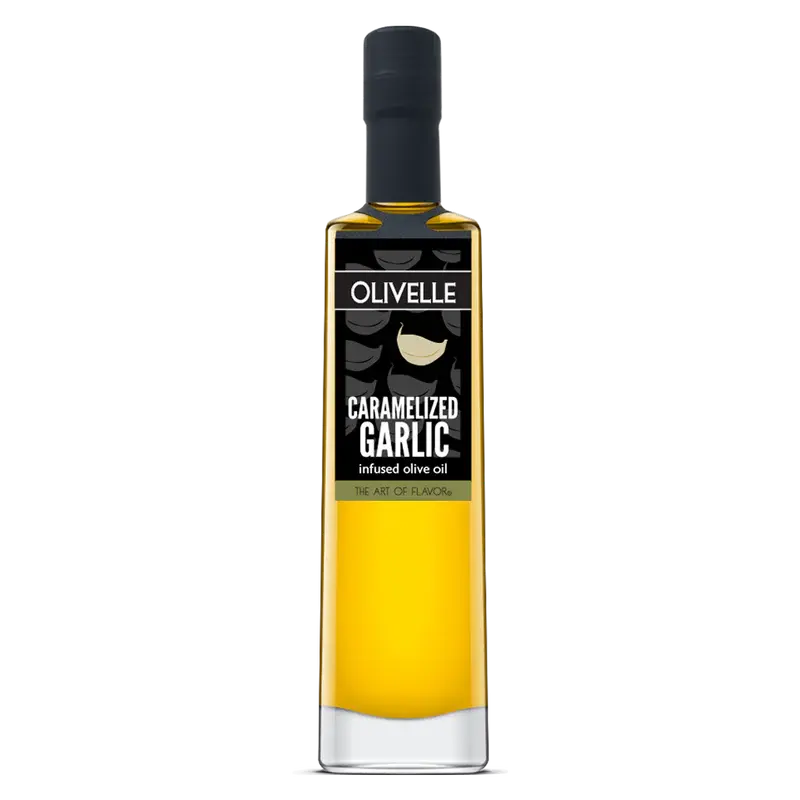 A bottle of Olivelle Caramelized Garlic Extra Virgin Olive Oil with a black cap and a label that includes the product name and the brand.