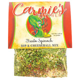Packaging of Carmie's Kitchen Fiesta Spinach Dip & Cheeseball Mix on a white background