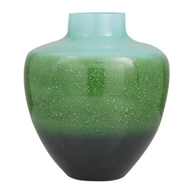A green glass vase with a gradient of color from top to bottom.