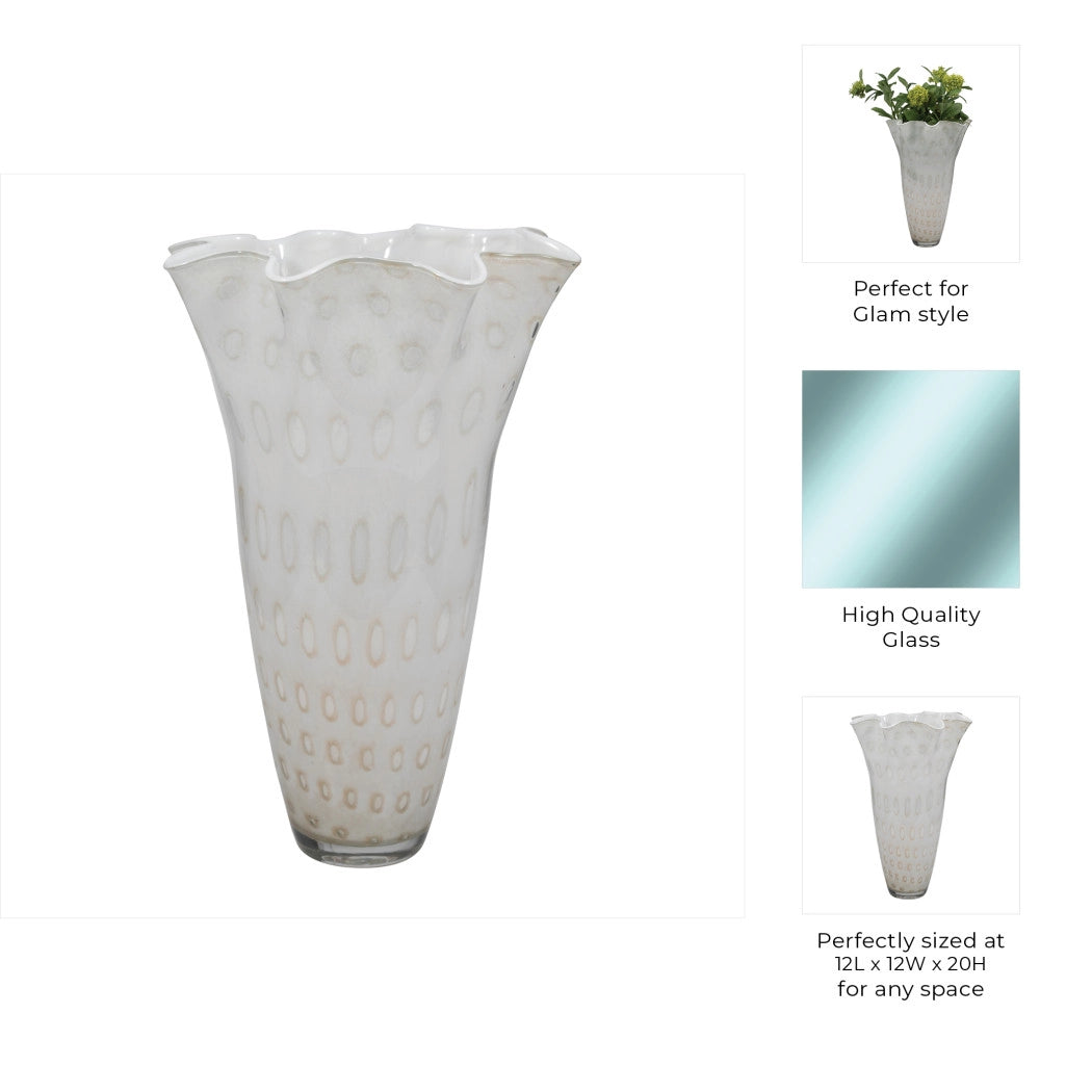 Decorative glass vase with text highlighting features on a white background