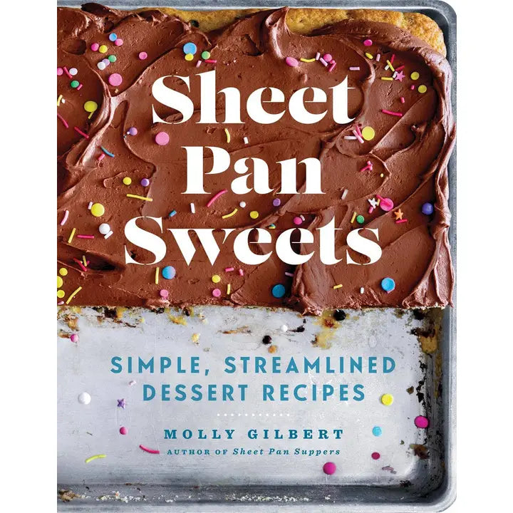 Book cover of 'Sheet Pan Sweets' with a chocolate dessert and sprinkles.