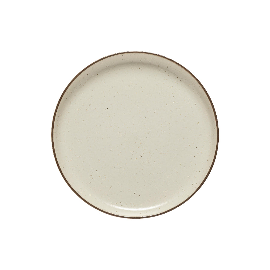 A beige ceramic dinner plate with a plain and simple design.
