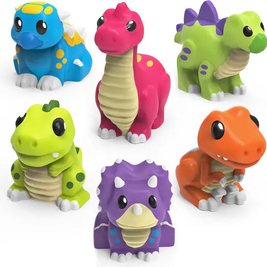 Set of colorful dinosaur toys on a white background