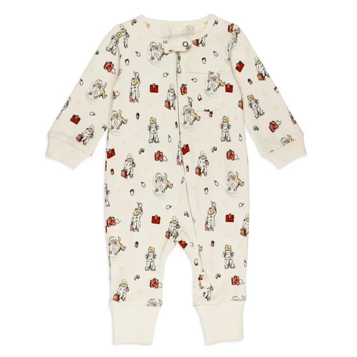 An off-white long-sleeve baby footless one-piece jumpsuit with an all-over print of cartoon bears, red trunks, and small red and brown accessories. The jumpsuit features a front zipper and ribbed cuffs on the sleeves and legs, shown against a plain white background.