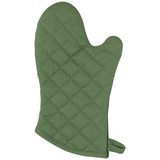 A green oven mitt with a quilted pattern and a loop for hanging.