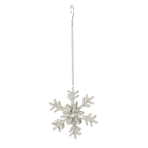 A 6 inch beaded snowflake candleholder ornament with a silver finish, designed for holiday decor.