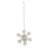 A 6 inch beaded snowflake candleholder ornament with a silver finish, designed for holiday decor.