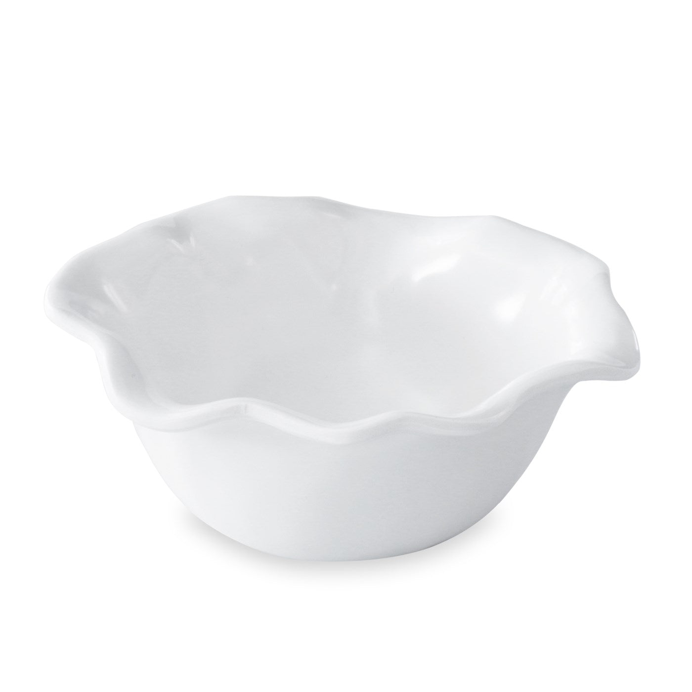 A white, irregularly shaped cereal bowl made of luxury melamine, with a glossy finish.