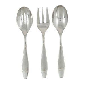 A set of three stainless steel kitchen utensils, including a slotted spoon, a solid spoon, and a fork, each with a white handle.