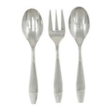 A set of three stainless steel kitchen utensils, including a slotted spoon, a solid spoon, and a fork, each with a white handle.