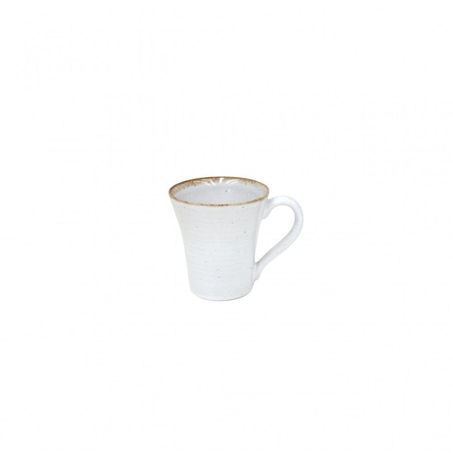 A white ceramic mug with a handle, against a plain background.