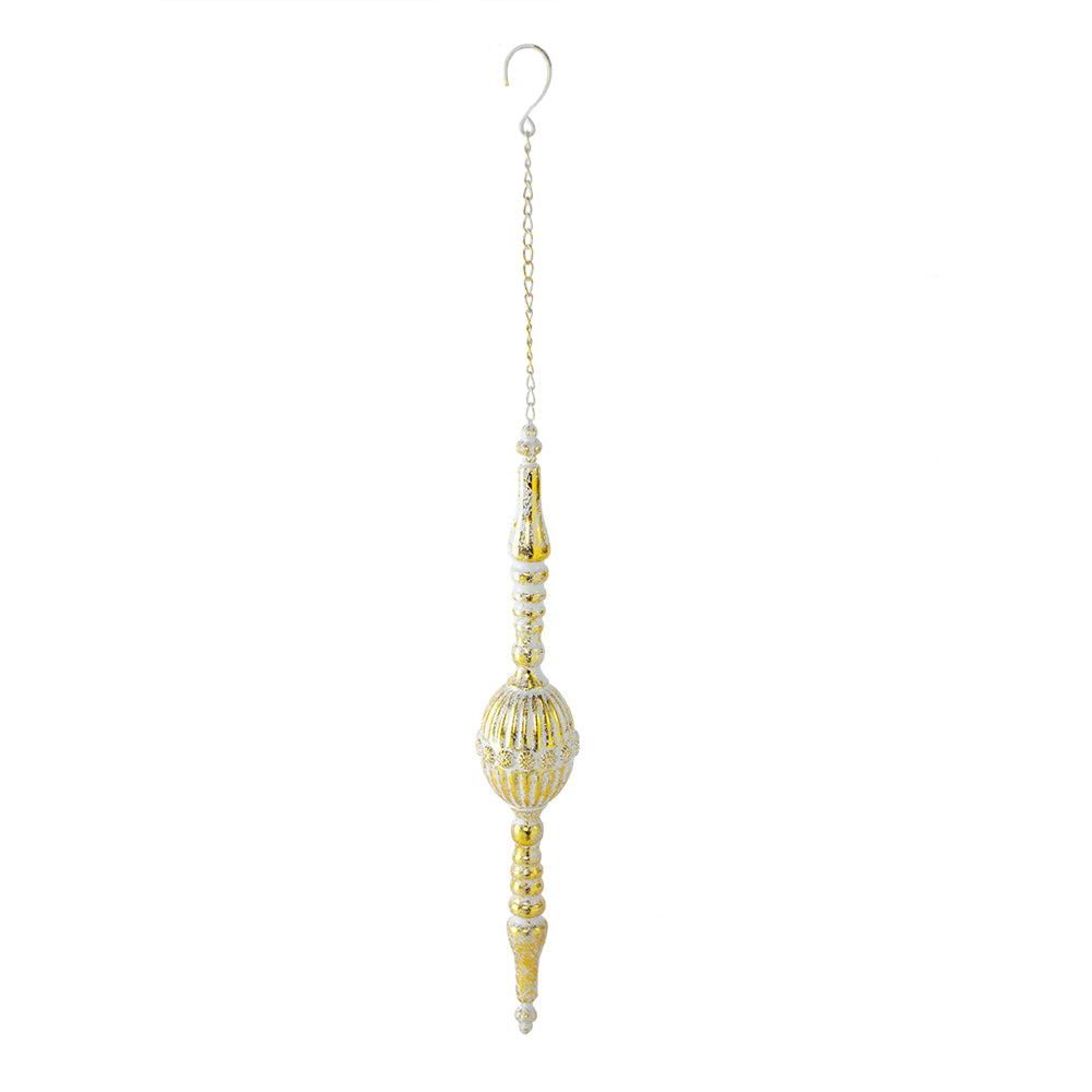A gold-colored hanging ornament with a spherical design, featuring a hook at the top for hanging.