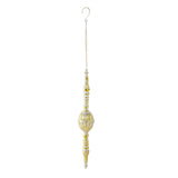 A gold-colored hanging ornament with a spherical design, featuring a hook at the top for hanging.