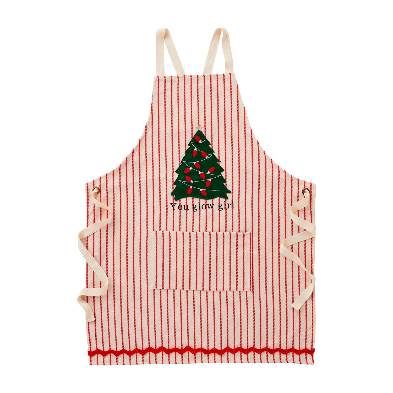 A beige apron with a Christmas-themed LED design featuring a reindeer's face and the text 'Let's get lit' on the front pocket.