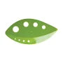 Green leaf-shaped object with holes on a white background