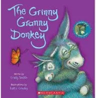 Front cover of the children's book 'The Grinny Granny Donkey' featuring a purple background, a blue-gray donkey with glasses, and a small orange butterfly. The Scholastic logo is visible at the bottom.