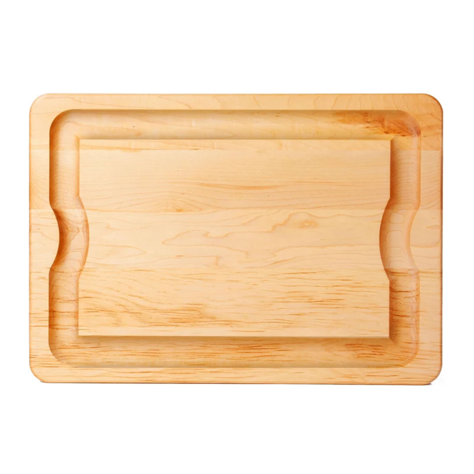 A rectangular wooden cutting board with a raised rim and integrated side handles, shown from a top-down view on a plain white background.