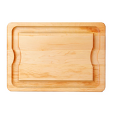 A rectangular wooden cutting board with a raised rim and integrated side handles, shown from a top-down view on a plain white background.
