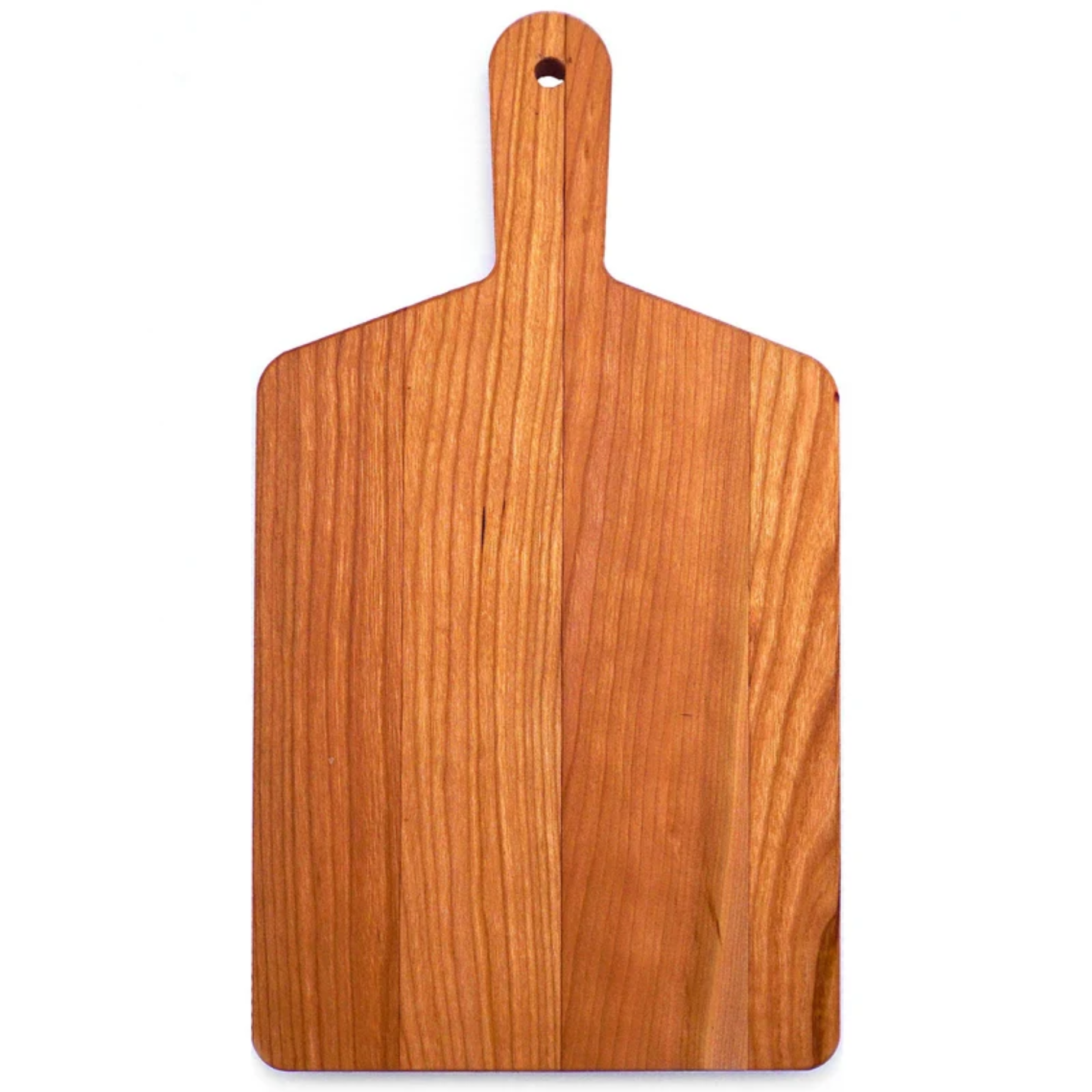 A rectangular wooden serving board with a rounded handle and a hole at the top, shown on a plain white background.